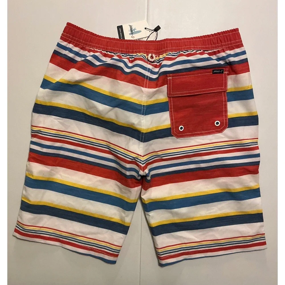 Johnnie-O Boys Striped Swim Trunks Red Blue Yellow Board Shorts Size 14‎ NWT